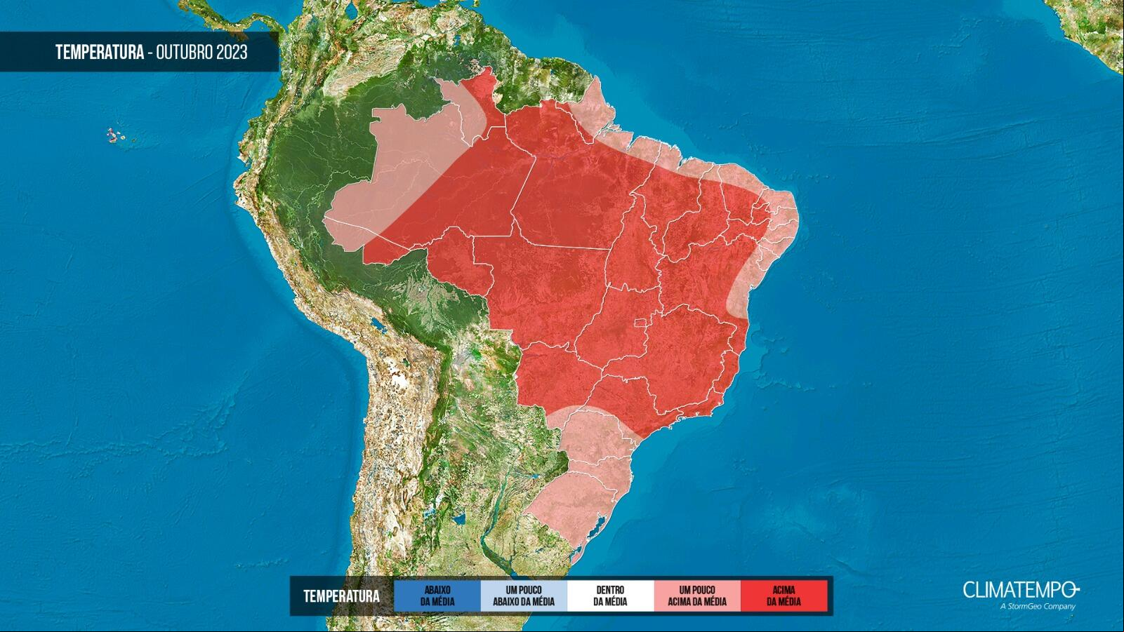 Tendência da temperatura para outubro de 2023 no Brasil (Fonte: Climatempo) 
