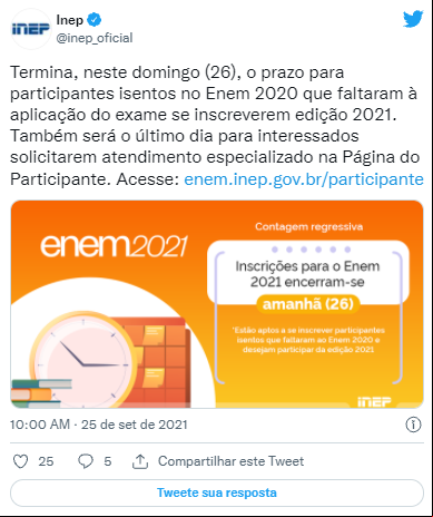 Publicação no Twitter do Inep. Reprodução: CNN Brasil