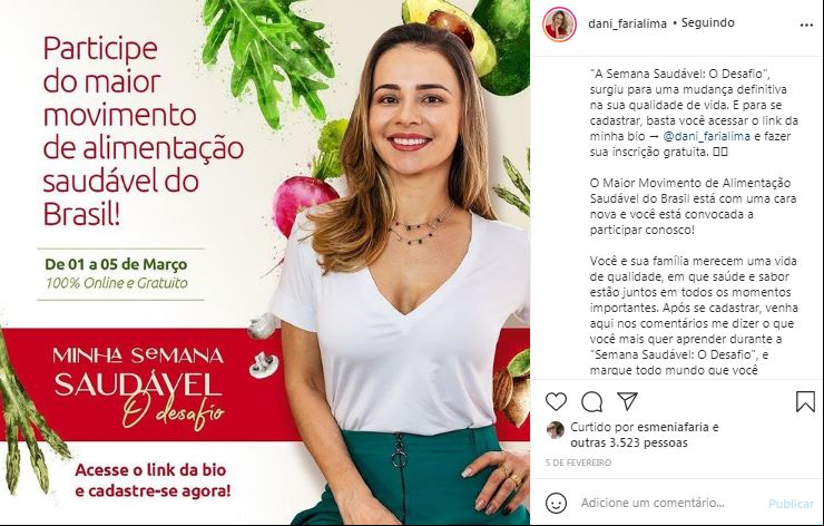 FONTE: Desafio Semana Saudável da influenciadora e chef Dani Faria Lima, divulgado no Instagram/Reprodução: Instagram